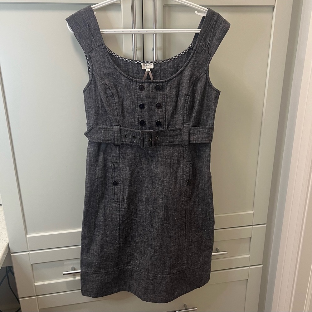 DYNAMITE Denim-look Belted Tank Dress with Pockets and Military Style Buttons
